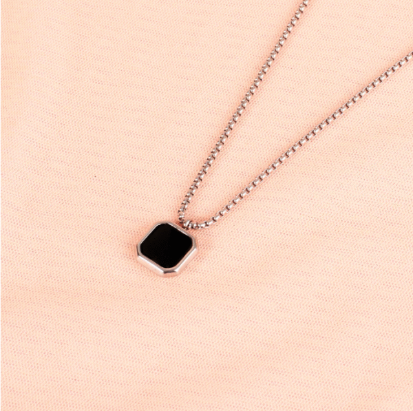 Minimalist Silver Onyx Hexagon Pendant Necklace